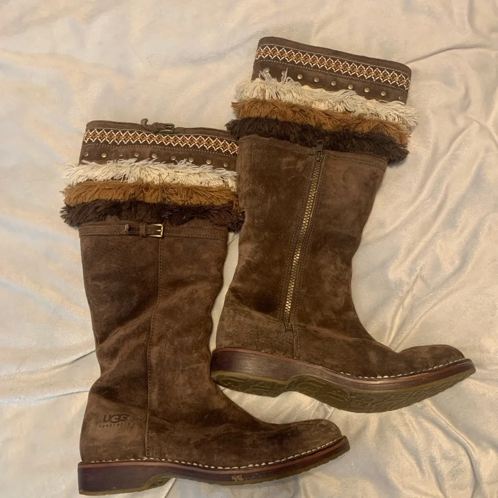 UGG Kiera chocolate Brown Suede tall fest Boots with Fringe embroidered size 9